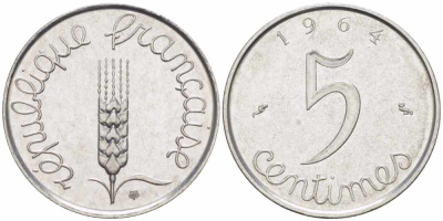 ФРАНЦИЯ 5 САНТИМОВ 1964 ПЯТАЯ РЕСПУБЛИКА KM 927, LE FRANC 124.6 хромированная сталь 105-435