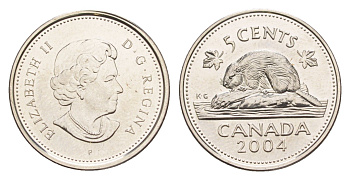 Канада 5 центов 2004 P, Елизавета II (1952-2022), бобр KM 491 сталь плакированная никелем UNC 4639-531