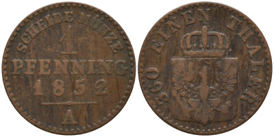 Пруссия 1 пфенниг 1852 A, Фридрих Вильгельм IV (1840-1861) KM 451 медь 4549-818