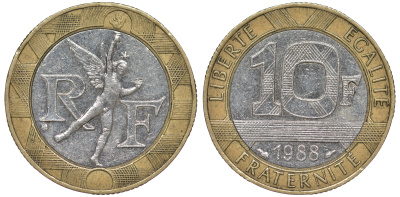 Франция 10 франков 1988 тип Гений Бастилии KM 964.1, Le Frank 375.2 биметалл 45-527