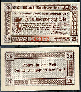 Германия, Эшвайлер 25 пфеннигов 1918 нотгельд, 1.11.1918 бумага UNC (пресс) 8614-45-4-1
