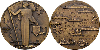 Франция медаль 1955 100 лет трансатлантическому пути, корабли, самолеты, диаметр 68 мм. вес 130,8 гр.  бронза 00-00-00