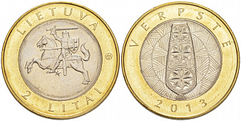 Литва 2 лита 2013 серия создано человеком и природой, прялка, Verpste KM 187 биметалл UNC M38-06