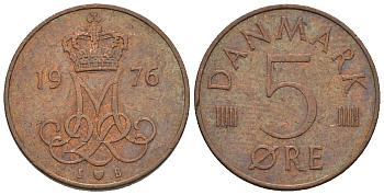 Дания 5 эре 1976 S; B, Маргрете II (1972- ) KM 859.1 железо плакированное медью 4609-1065