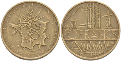 Франция 10 франков 1976 тип Матье KM 940, Le Franc 365.7-8 никель латунь 111-944