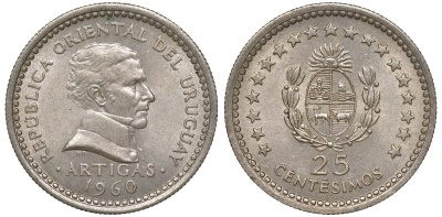 Уругвай 25 сентесимо 1960 KM 40 медно-никель 4169-852