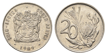 ЮАР 20 центов 1989 герб, цветок протея KM 86 никель 4693-812