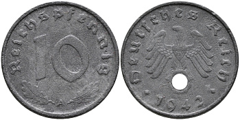 ГЕРМАНИЯ 10 РЕЙХСПФЕННИГОВ 1942 A KM 101, J.371 цинк 95-812
