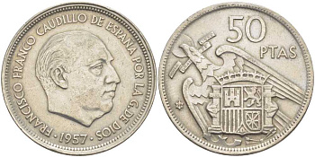 ИСПАНИЯ 50 ПЕСЕТ 1957 (59) ФРАНСИСКО ФРАНКО ДИКТАТОР ИСПАНИИ (1939-1975) KM 788 медно-никель 38-341