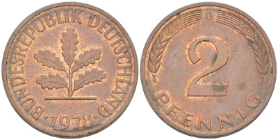 ФРГ 2 ПФЕННИГА 1978 G KM 106а, J. 381а сталь плакированная сталь плакированная медьюю 4181-828