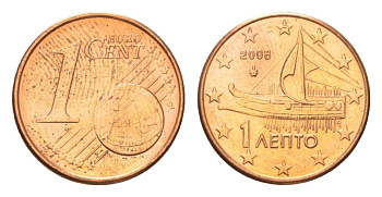 Греция 1 евроцент 2008 KM 181 сталь плакированная медью aUNC 4627-1128