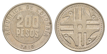 Колумбия 200 песо 2010 KM 287 медь цинк никель 4656-1017