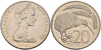 Новая Зеландия 20 центов 1980 Елизавета II (1952-2022), птичка киви KM 36.1 медно-никель  4599-1043