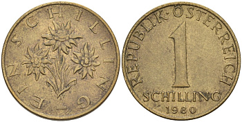 Австрия 1 шиллинг 1980 KM 2886 алюминиевая бронза 4571-747