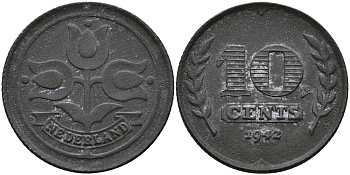 НИДЕРЛАНДЫ 10 ЦЕНТОВ 1942 ВИЛЬГЕЛЬМИНА (1890-1948) KM 173 цинк 94-554