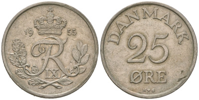Дания 25 эре 1955 N; S, Фредерик IX (1947-1972) KM 842.1 медно-никель 213-855