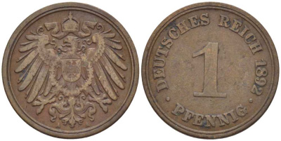 ГЕРМАНИЯ 1 ПФЕННИГ 1892 A KM 10, J. 10, Weege 2 медь 211-144