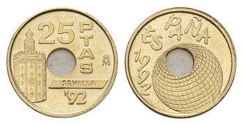 Испания 25 песет 1992 Expo'92 Sevilla, Глобус KM 905 алюминиевая бронза 4684-1265