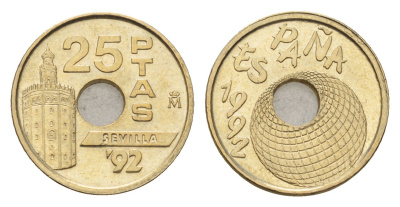 Испания 25 песет 1992 Expo'92 Sevilla, Глобус KM 905 алюминиевая бронза 4684-1265