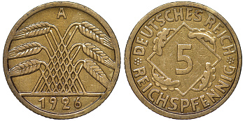 Германия 5 рейхспфеннигов 1926 A KM 39, J. 316 алюминиевая бронза 4602-1242