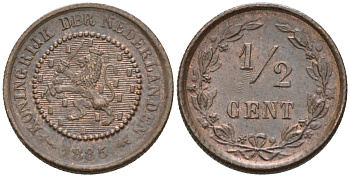 Нидерланды 1/2 цента 1885 Виллем III (1849-1890) KM 109 бронза 4576-268