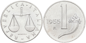 Италия 1 лира 1955 R, весы KM 91 алюминий  UNC  4594-629
