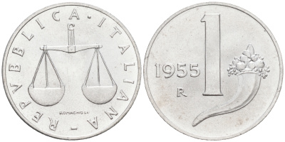 Италия 1 лира 1955 R, весы KM 91 алюминий  UNC  4594-629