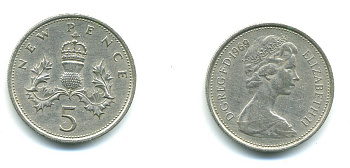 Великобритания 5 пенсов 1969 Елизавета II (1952-2022) KM 911, Spink 4233 (D1) медно-никель 540-515