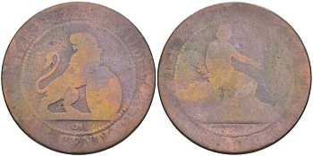 Испания 10 сентимо 1870 ОМ, лев со щитом KM 663 (Y54) медь 4521-1025