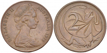 Австралия 2 цента 1976 Елизавета II (1952-2022), плащеносная ящерица (FRILLED LIZARD)  KM 63 бронза 4519-445