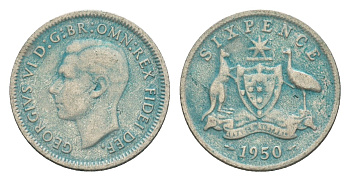 Австралия 6 пенсов 1950 m, Георг VI (1936-1952) KM 45 серебро 4630-1057