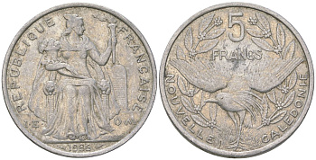 Французская Новая Каледония 5 франков 1986 птица кагу, (IEOM) KM 16, Schoen 12, Lec 76 алюминий 180-622