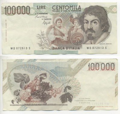 Италия 100000 лир 1983 Караваджо, фруктовый букет, подпись Stevani Pick 110а бумага 7220-7-3