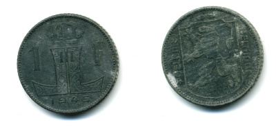 БЕЛЬГИЯ 1 ФРАНК 1945 BELGIE-BELGIQUE, ГЕРМАНСКАЯ ОККУПАЦИЯ, ВТОРАЯ МИРОВАЯ ВОЙНА KM 128 цинк 86-1125