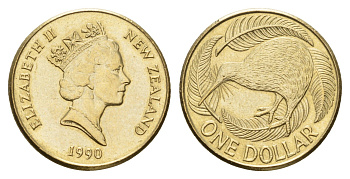 Новая Зеландия 1 доллар 1990 Елизавета II (1952-2022), птица киви KM 78 алюминиевая бронза 4671-537