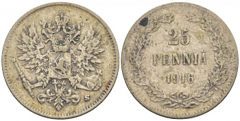 Россия для Финляндии 25 пенни 1916 S, Николай II (1894-1917) KM 6.2, Биткин 421 серебро 112-1142
