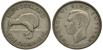 Новая Зеландия 1 флорин 1942 Георг VI (1936-1952), птичка киви KM 10.1 серебро 272-1531