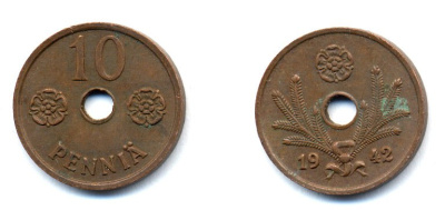 ФИНЛЯНДИЯ 10 ПЕННИ 1942 KM 33.1 медь 51-4954