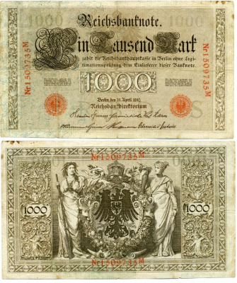 ГЕРМАНИЯ 1000 МАРОК 1910 21 АПРЕЛЯ 1910, СЕМЬ ЦИФР В НОМЕРЕ, КРАСНАЯ ПЕЧАТЬ Pick 44b бумага 6262-12-1-1