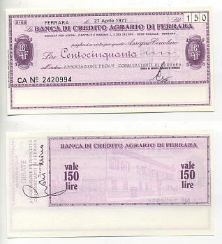 Италия чек на 150 лир 1977 22 апреля 1977, Banca Di credito agrario Di ferrara бумага UNC (пресс) 6294-72-1-2