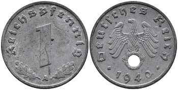 ГЕРМАНИЯ 1 РЕЙХСПФЕННИГ 1940 A KM 97, J.369 цинк 96-652