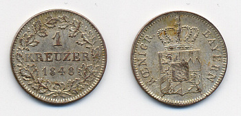 Бавария 1 крейцер 1848 Людвиг I (1825-1848) KM 422, AKS 88 серебро 62-2513
