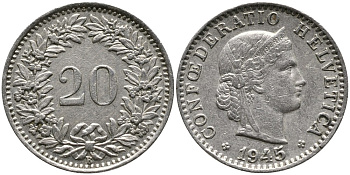 ШВЕЙЦАРИЯ 20 РАППЕНОВ 1945 В KM 29а медно-никель 4539-545