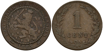 Нидерланды 1 цент 1883 Виллем III (1849-1890) KM 107 бронза 4154-862