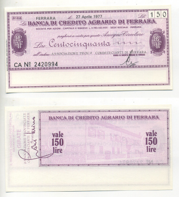 Италия чек на 150 лир 1977 22 апреля 1977, Banca Di credito agrario Di ferrara бумага UNC (пресс) 6294-72-1-2
