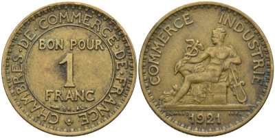 Франция 1 франк 1921 KM 876, Le Franc 218.5 алюминиевая бронза 4142-613