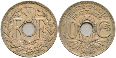 Франция 10 сантимов 1926 тип Линдайё KM 866а медно-никель 4116-454