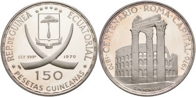 Экваториальная Гвинея 150 песет 1970 100 лет Риму как столице Италии, Колизей KM 15 серебро PROOF 1071-8-33