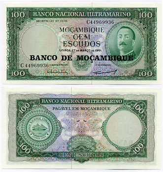 Мозамбик 100 эскудо 1961 (1976) надпечатка на 1961, Айрес де Орнелас  Pick 117 a бумага UNC (пресс) 8564-20-1-2