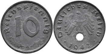 ГЕРМАНИЯ 10 РЕЙХСПФЕННИГОВ 1942 A KM 101, J.371 цинк 95-811
